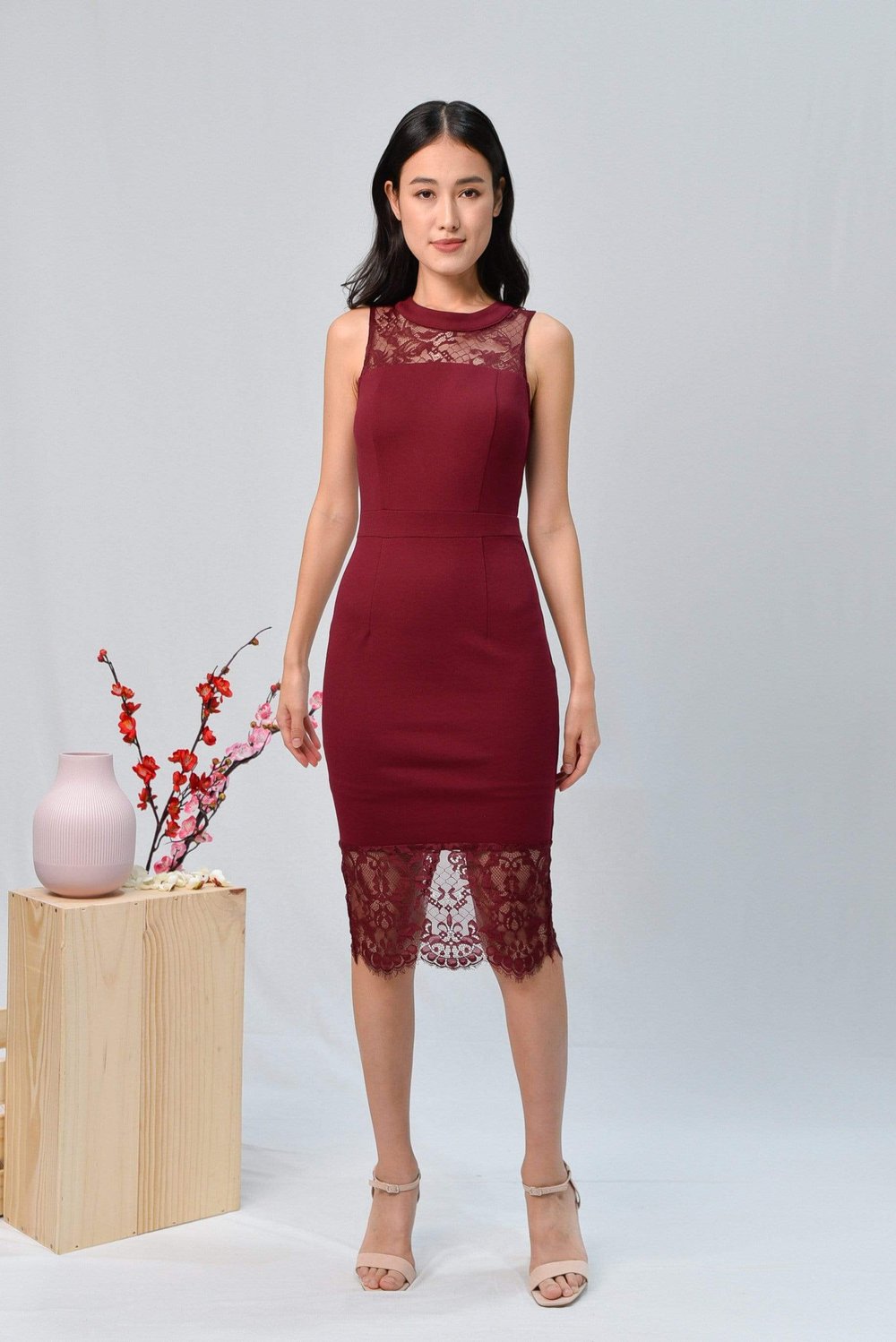 ANGELINA WINE LACE-INSERT PENCIL DRESS