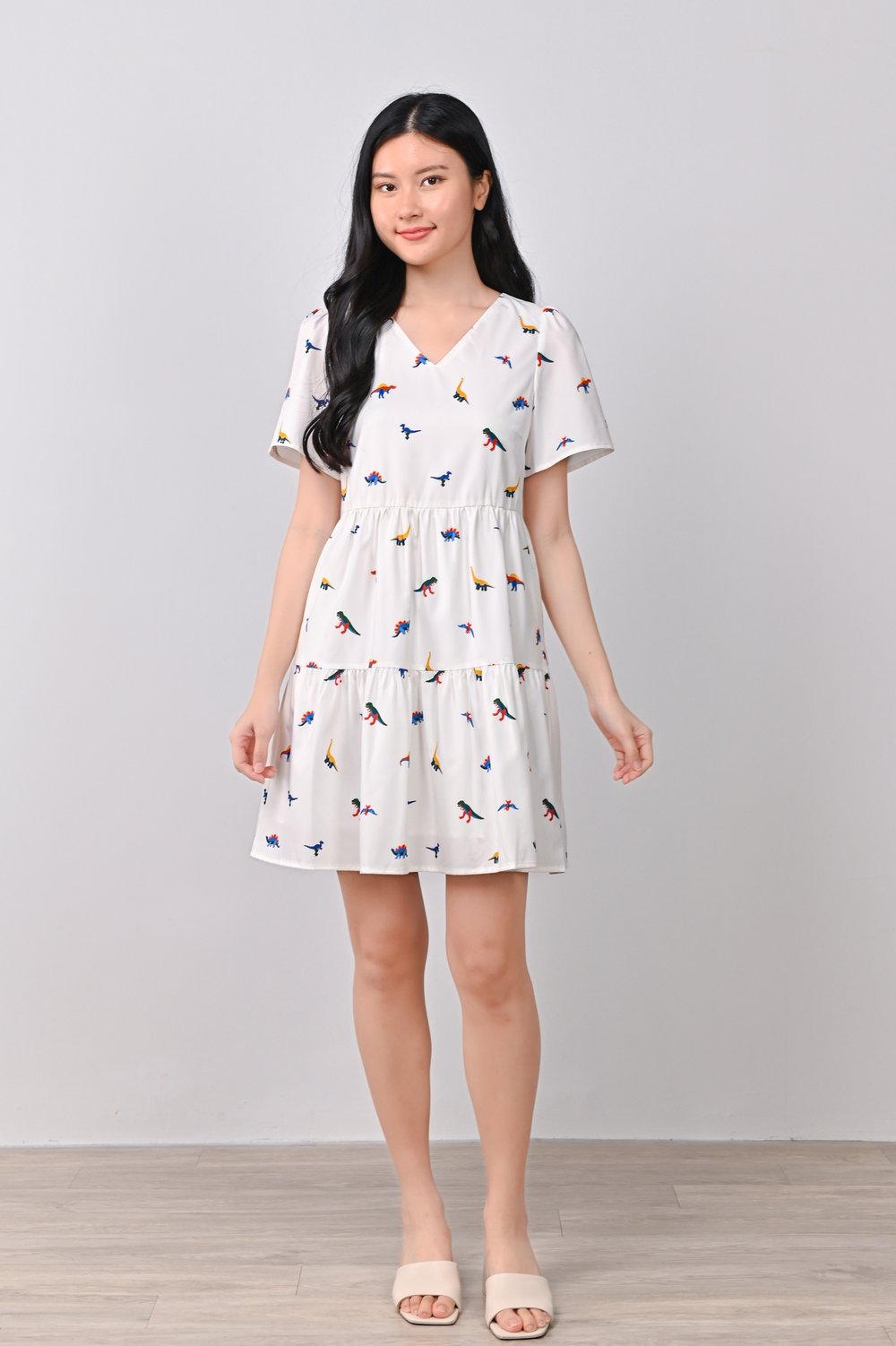 DINO PRINTED BABYDOLL DRESS IN WHITE