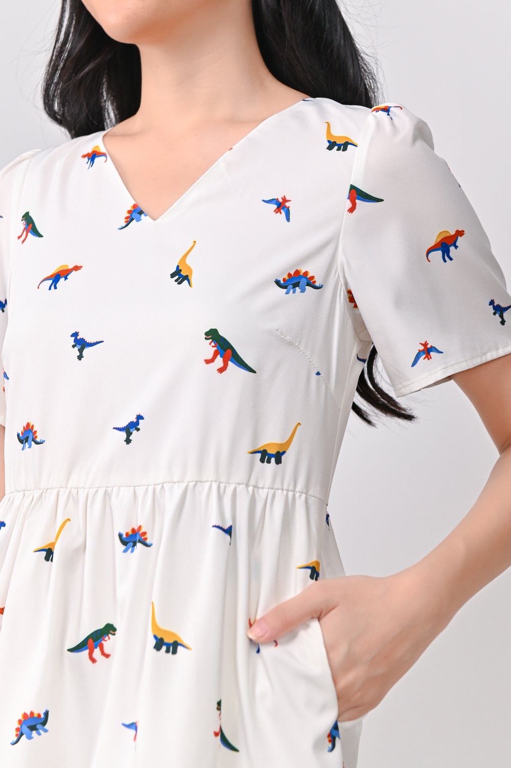 DINO PRINTED BABYDOLL DRESS IN WHITE