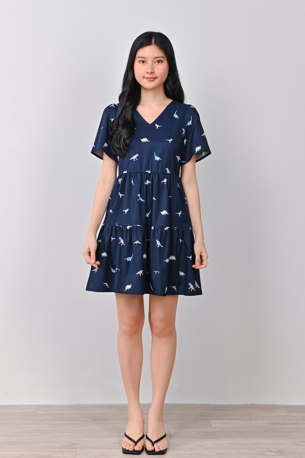 DINO PRINTED BABYDOLL DRESS IN NAVY