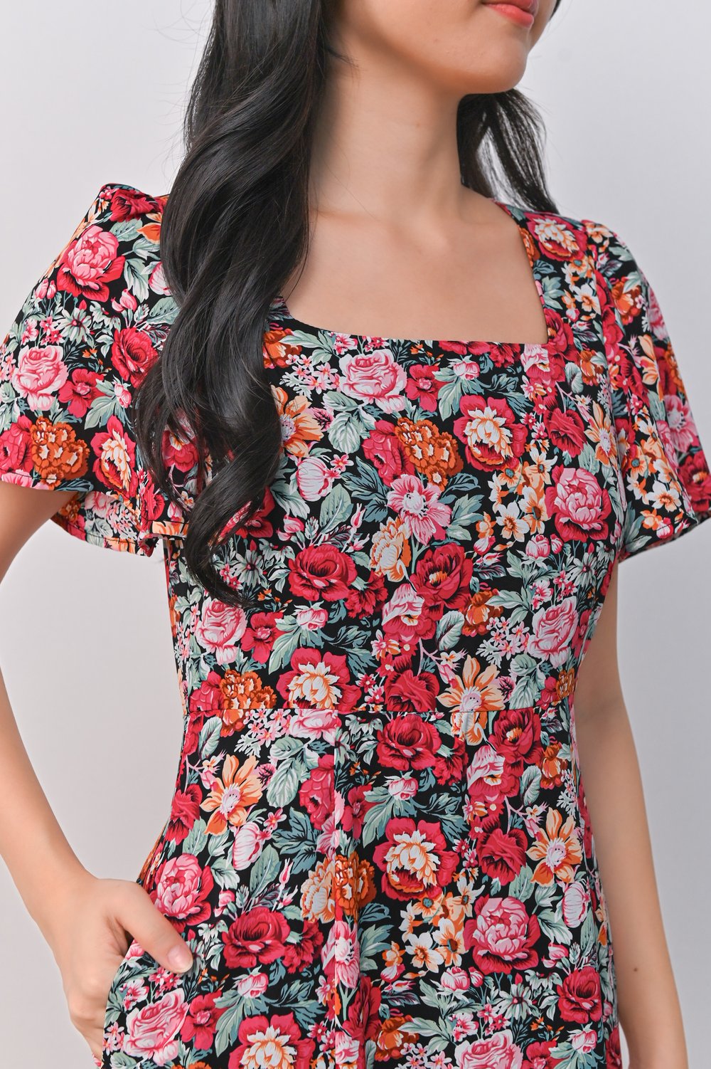ALDITH RED FLORAL SQUARE-NECK SLIT DRESS