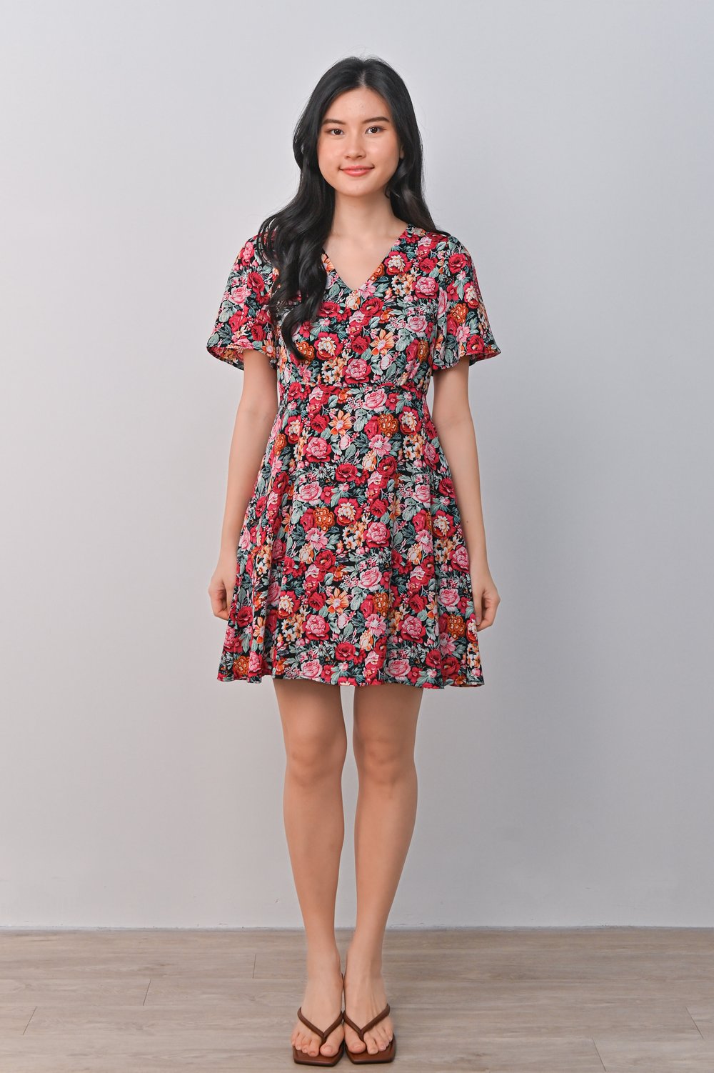LABRENDA RED FLORAL V-NECK DRESS-ROMPER
