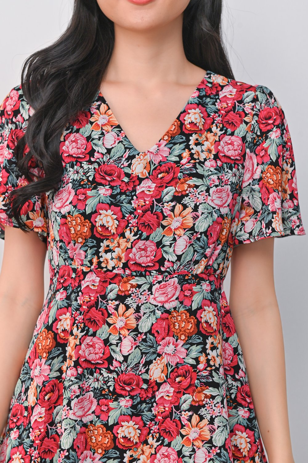 LABRENDA RED FLORAL V-NECK DRESS-ROMPER