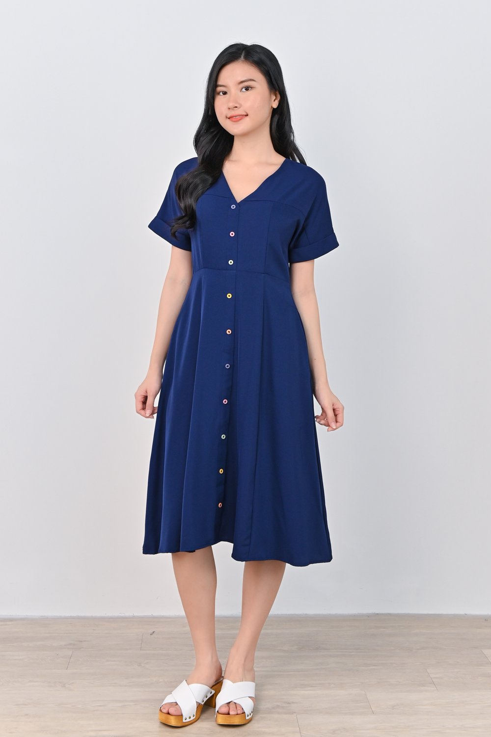KALLA BUTTON DRESS IN NAVY