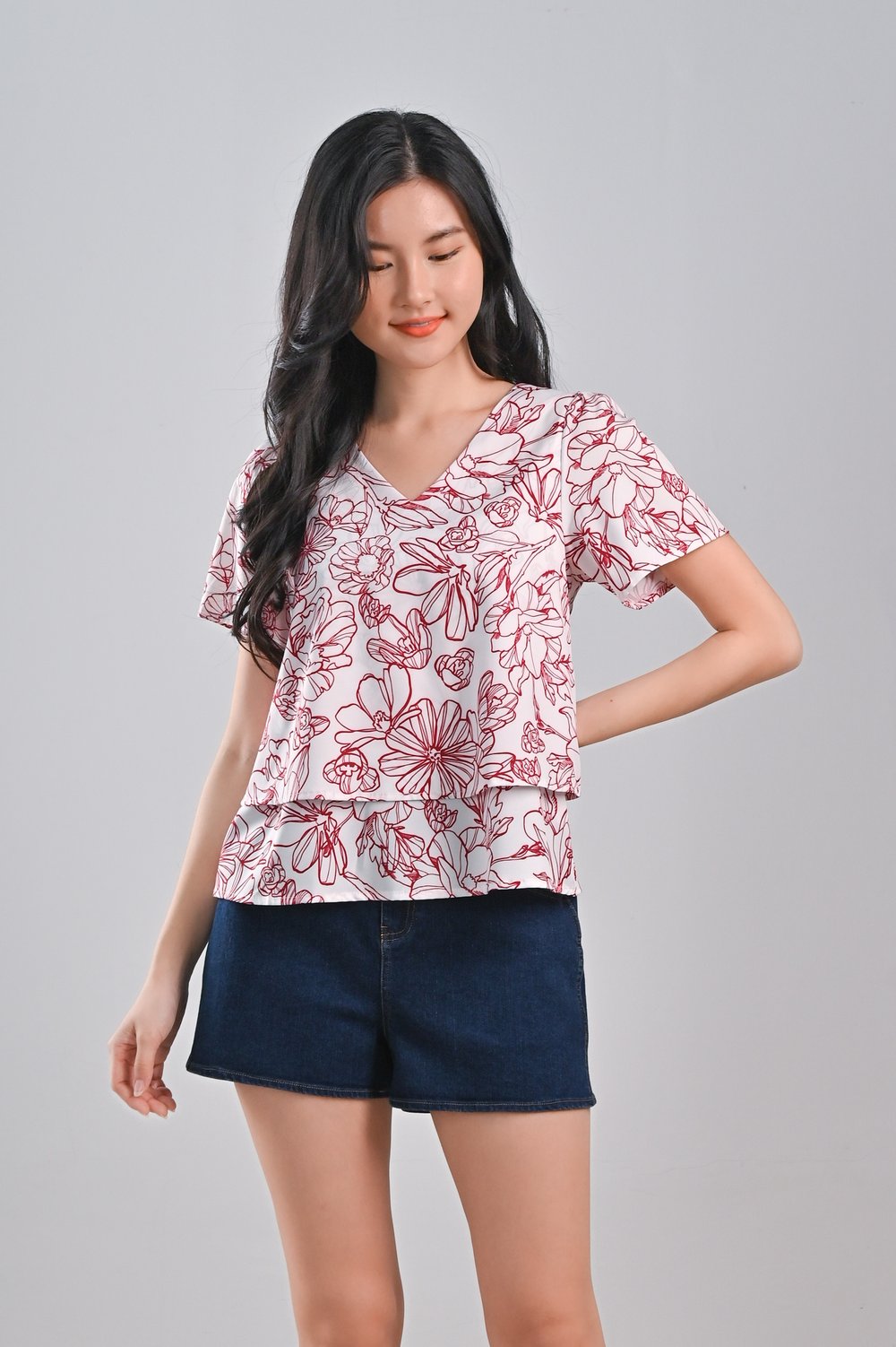 RED SKETCHED FLORALS SLEEVED LAYERED TOP
