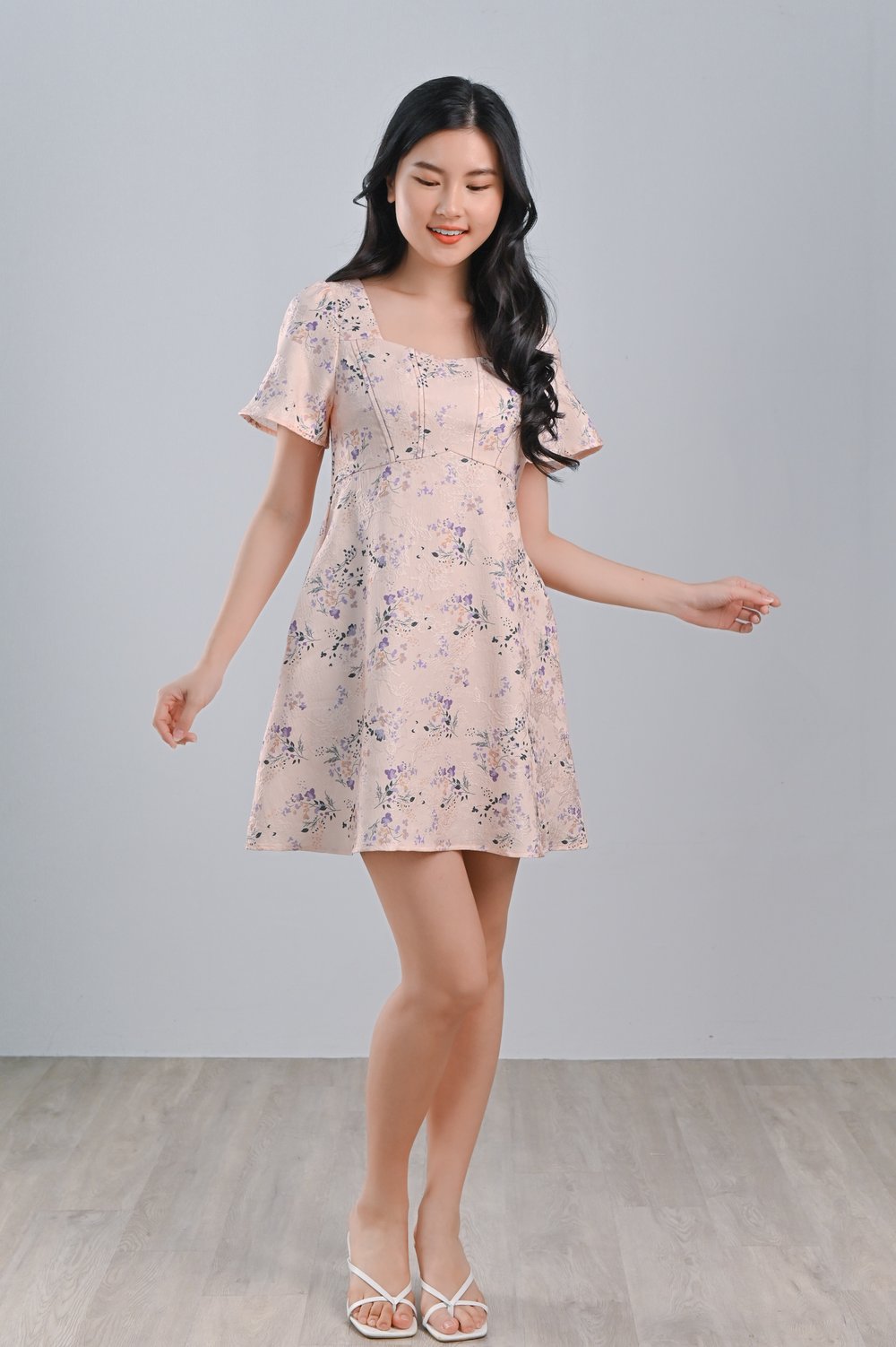 AGDA PEACH FLORAL SWEETHEART DRESS-ROMPER