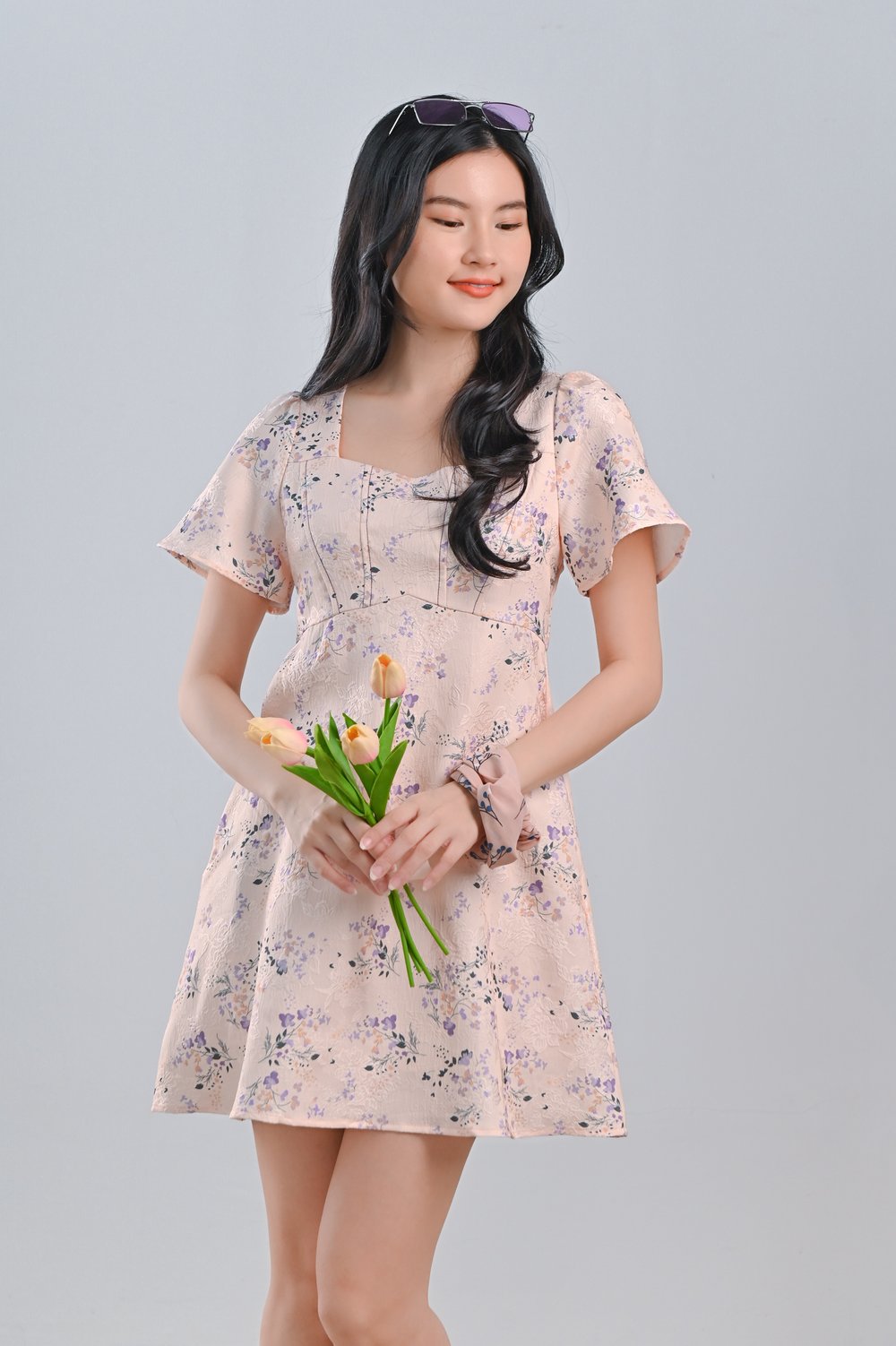 AGDA PEACH FLORAL SWEETHEART DRESS-ROMPER