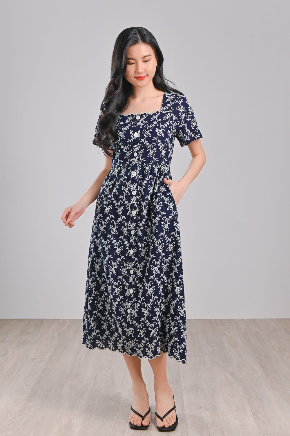 LOVYSE NAVY EYELET MIDI DRESS