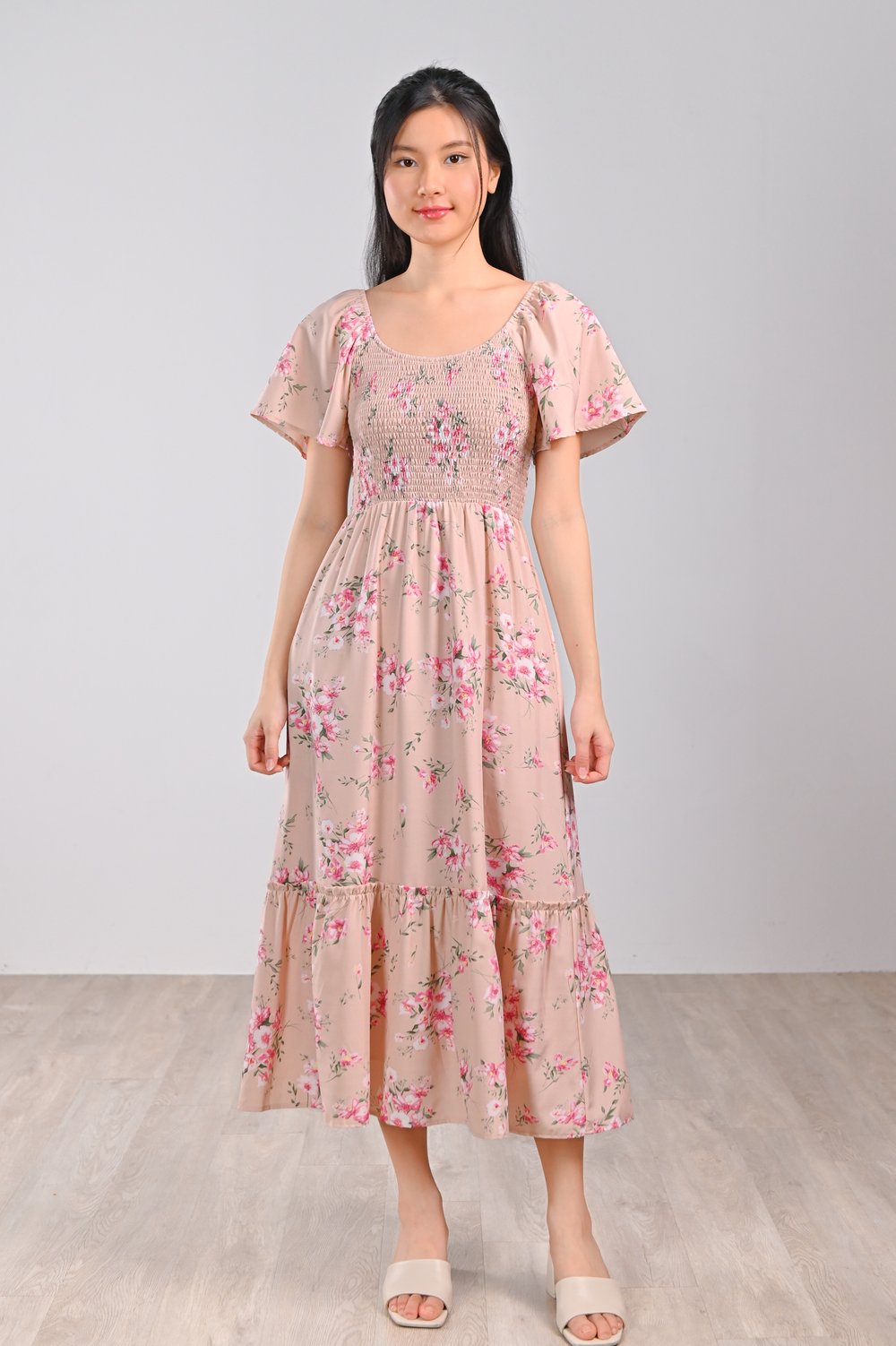 GLINDA PINK FLORAL SMOCKED MIDI DRESS