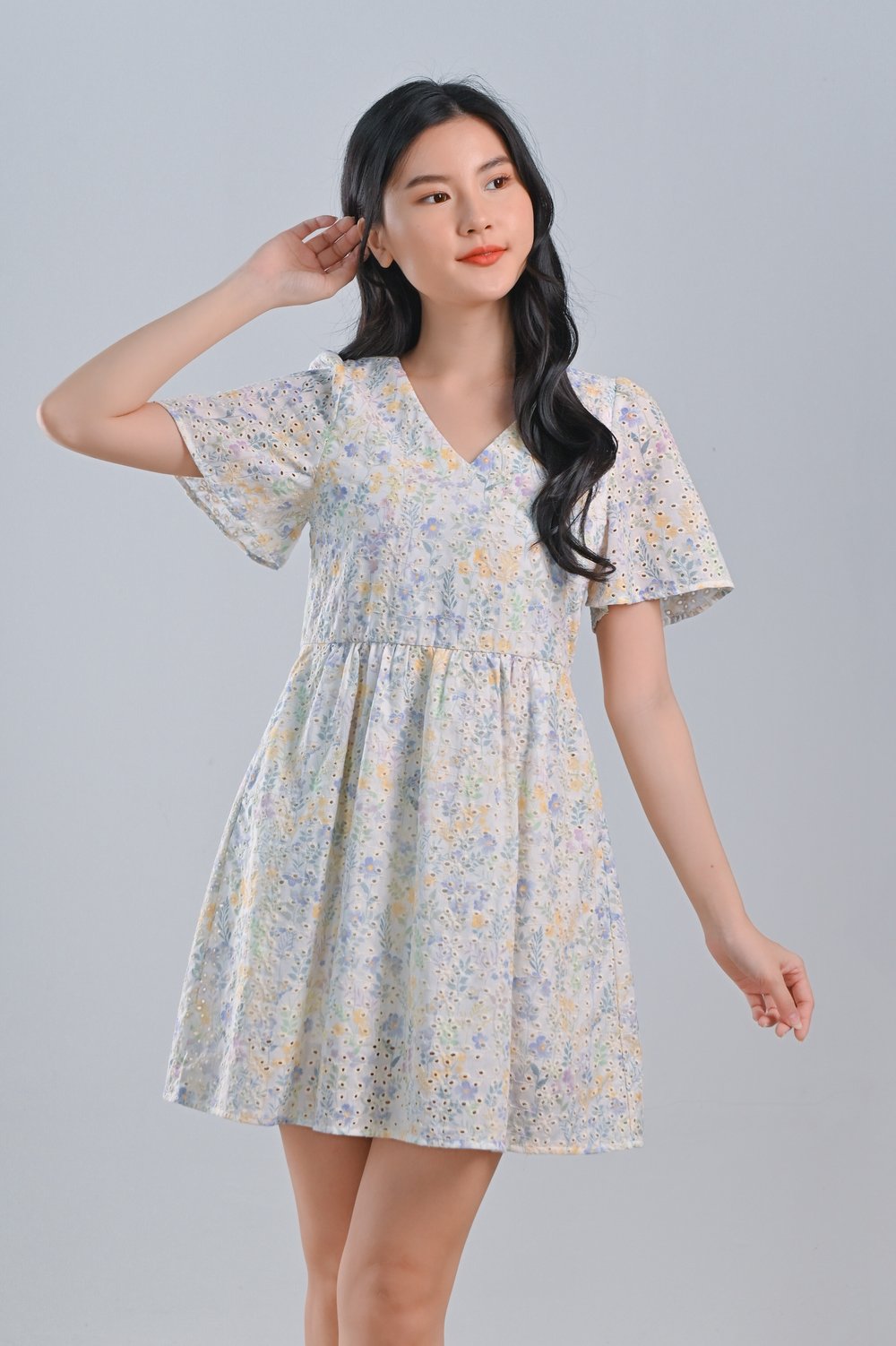 MOLLY LILAC EYELET FLORAL DRESS-ROMPER