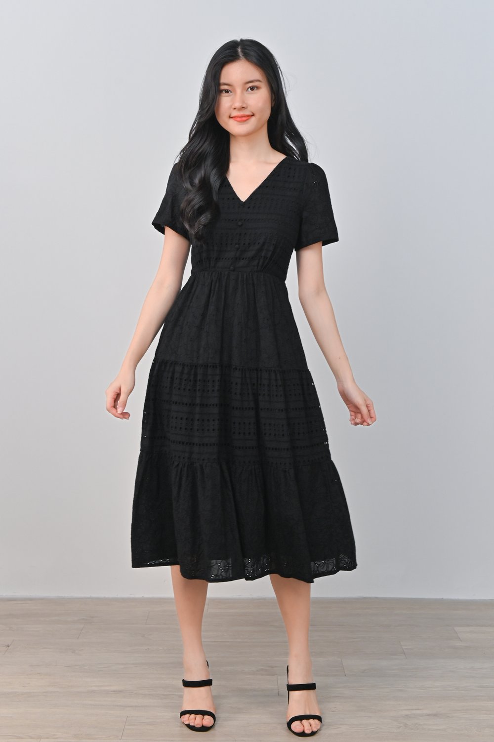 FRANKIE EYELET TIERED DRESS IN BLACK