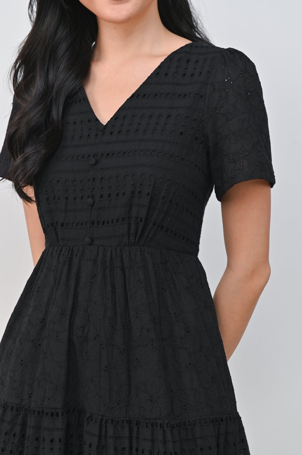 FRANKIE EYELET TIERED DRESS IN BLACK