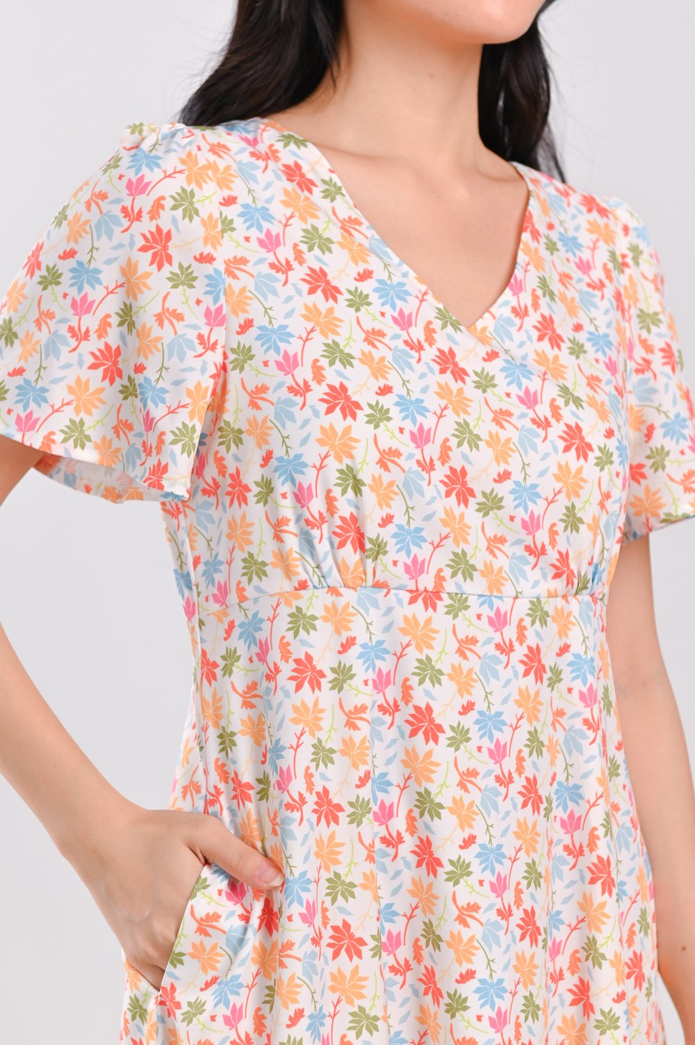 ATHOL LEAVES SLEEVED V-NECK MIDI DRESS