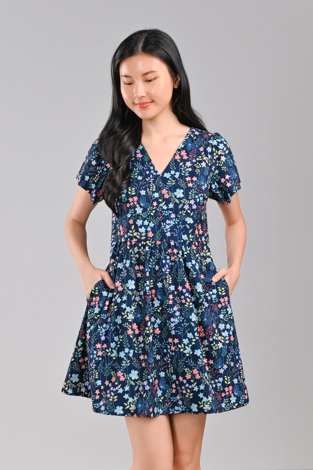 ISADORA NAVY FLORAL V-NECK DRESS-ROMPER