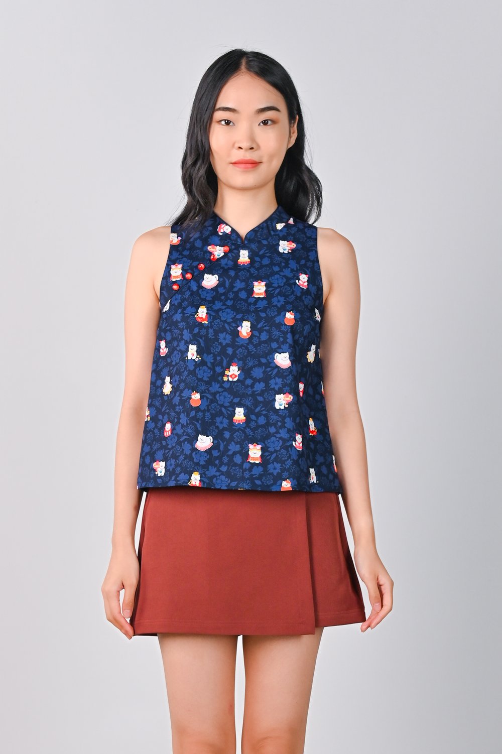FORTUNE FLORAL CAT NAVY SLEEVELESS CHEONGSAM TOP
