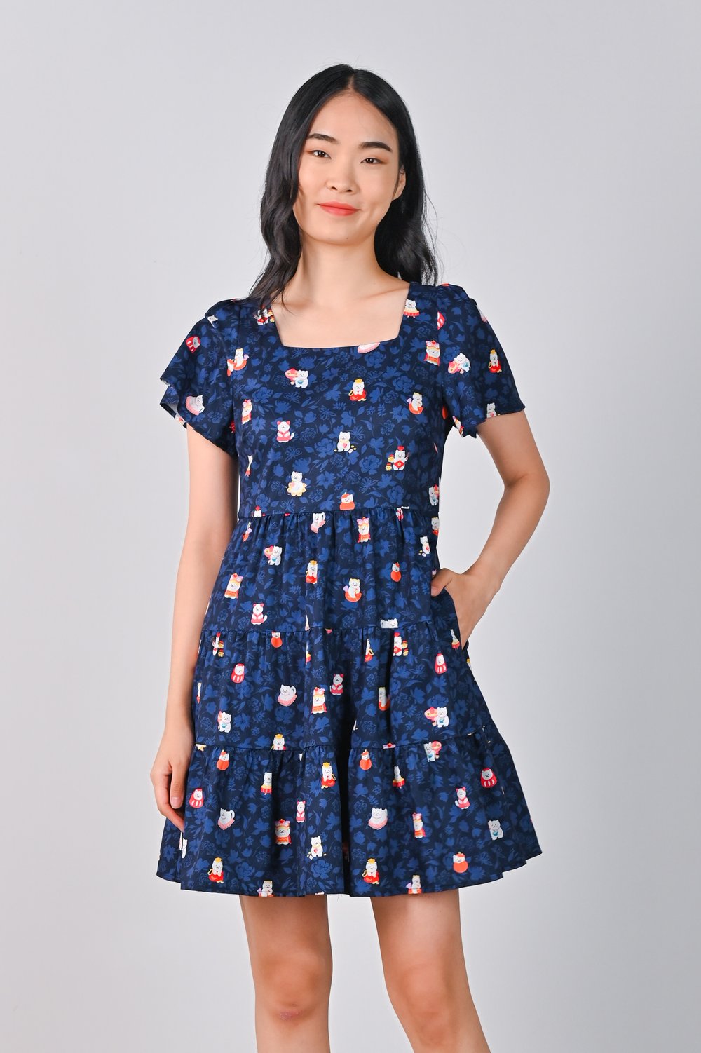 FORTUNE FLORAL CAT NAVY BABYDOLL DRESS