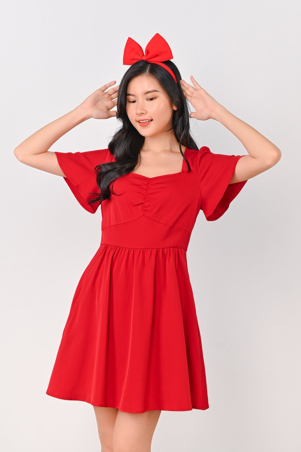 GAYLE SWEETHEART RUCHED DRESS-ROMPER IN RED