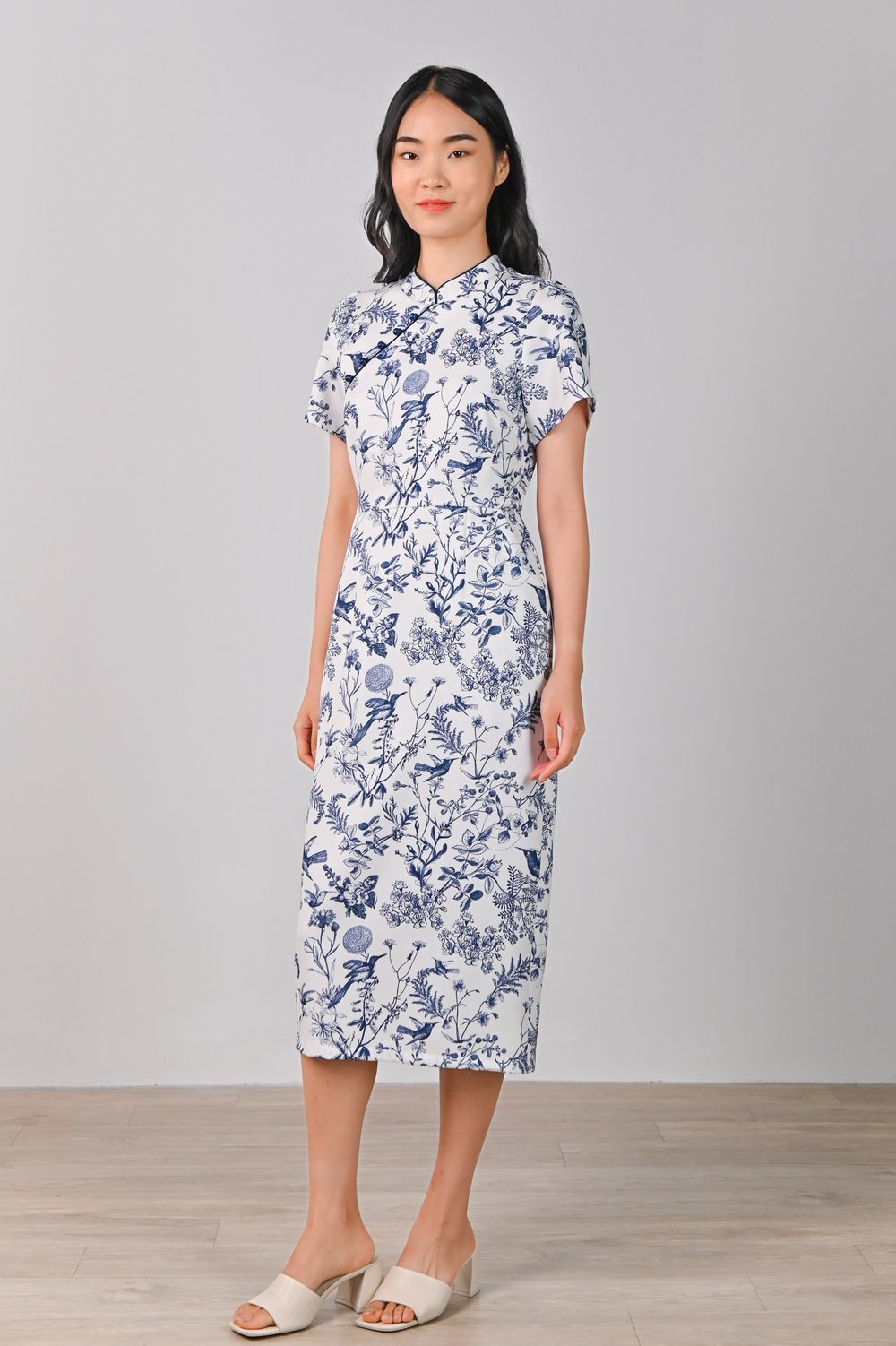 NAVY HUMMINGBIRD PENCIL MIDI CHEONGSAM