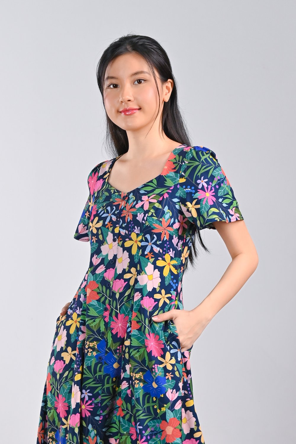 POSEY NAVY FLORAL SLEEVED BUTTON DRESS