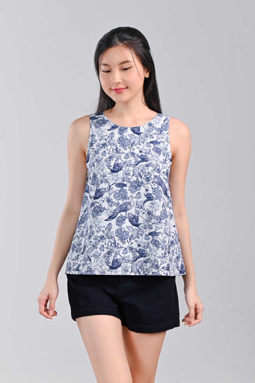 NAVY FEATHERED TALES TWO-WAY TOP