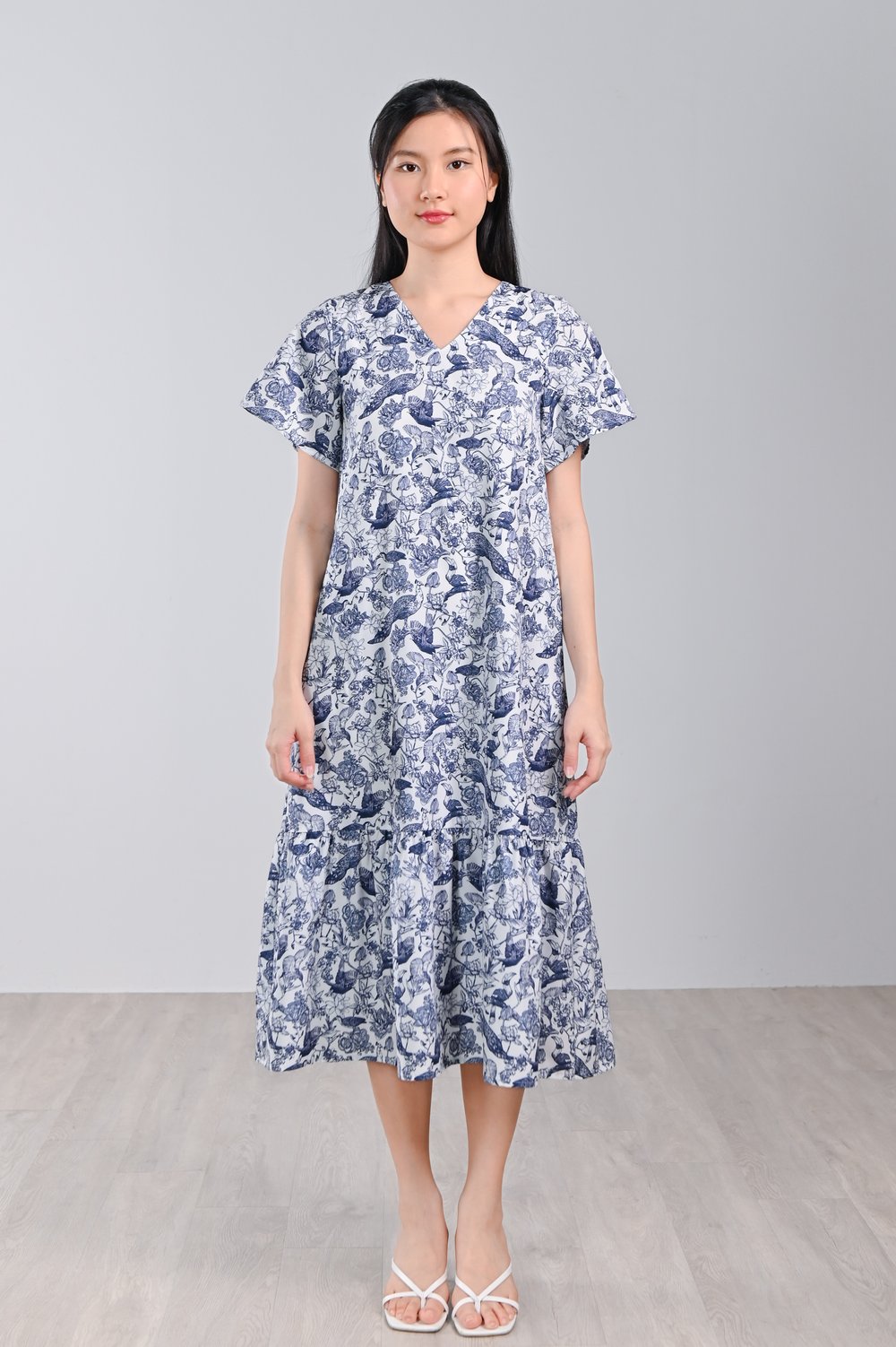 NAVY FEATHERED TALES SLEEVED DROPWAIST MIDI DRESS