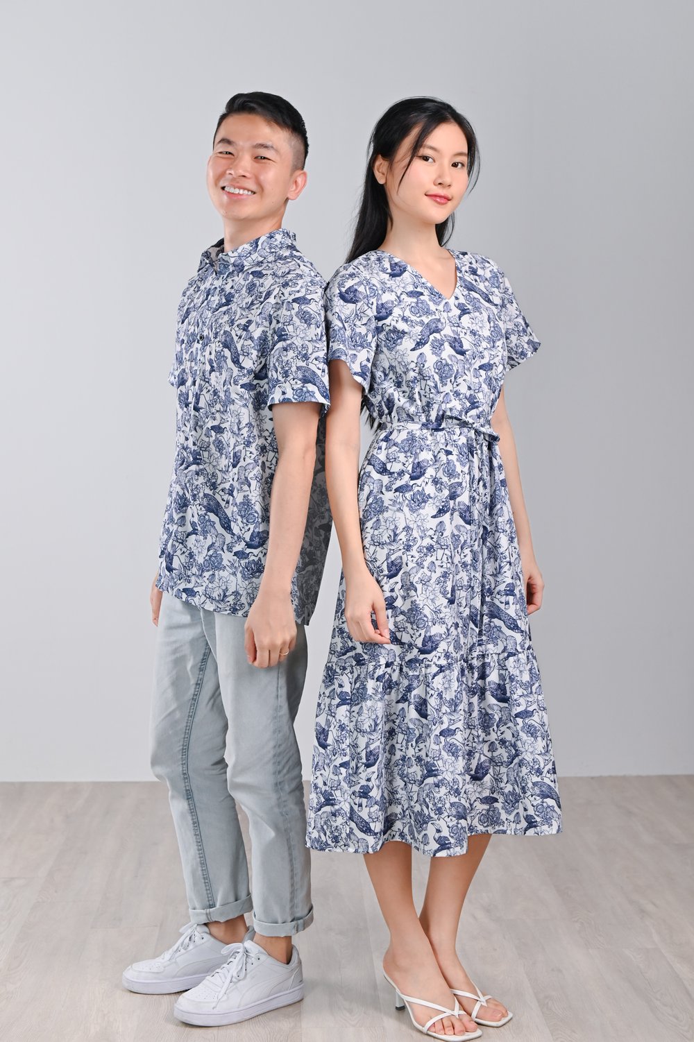 NAVY FEATHERED TALES SLEEVED DROPWAIST MIDI DRESS