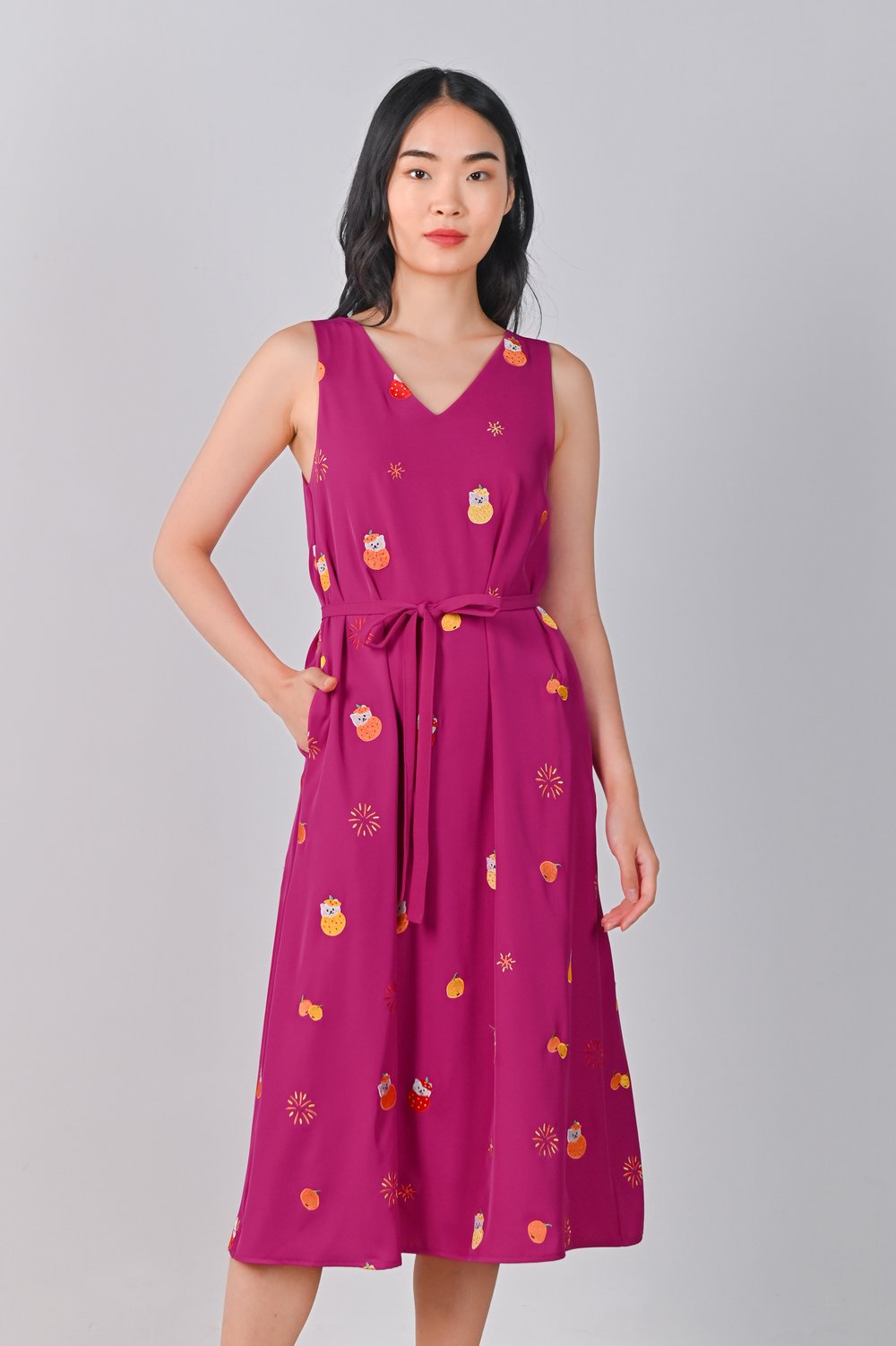 MAGENTA FORTUNE CAT EMB. TWO-WAY MIDI DRESS