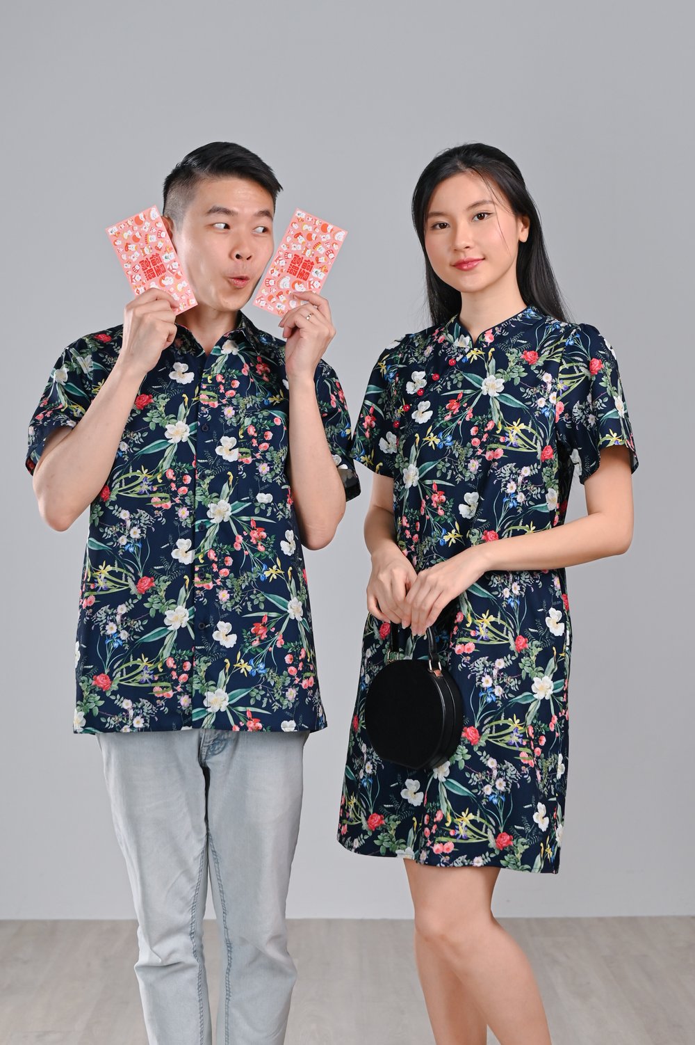 NAVY LUSH FLORALS SLEEVED SHIFT CHEONGSAM