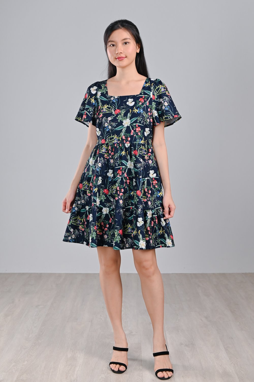 NAVY LUSH FLORALS SQUARE-NECK BABYDOLL DRESS