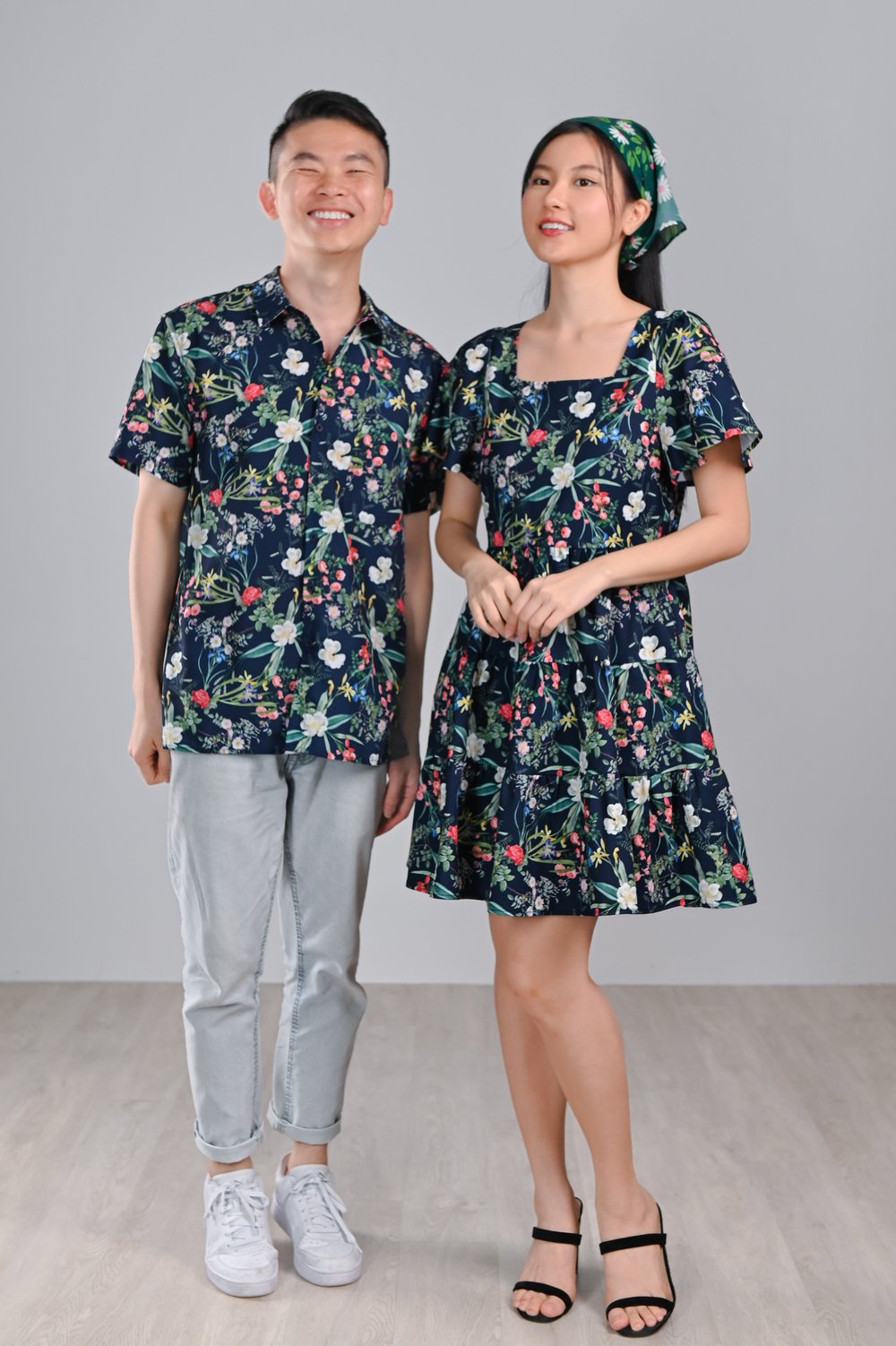 NAVY LUSH FLORALS SQUARE-NECK BABYDOLL DRESS