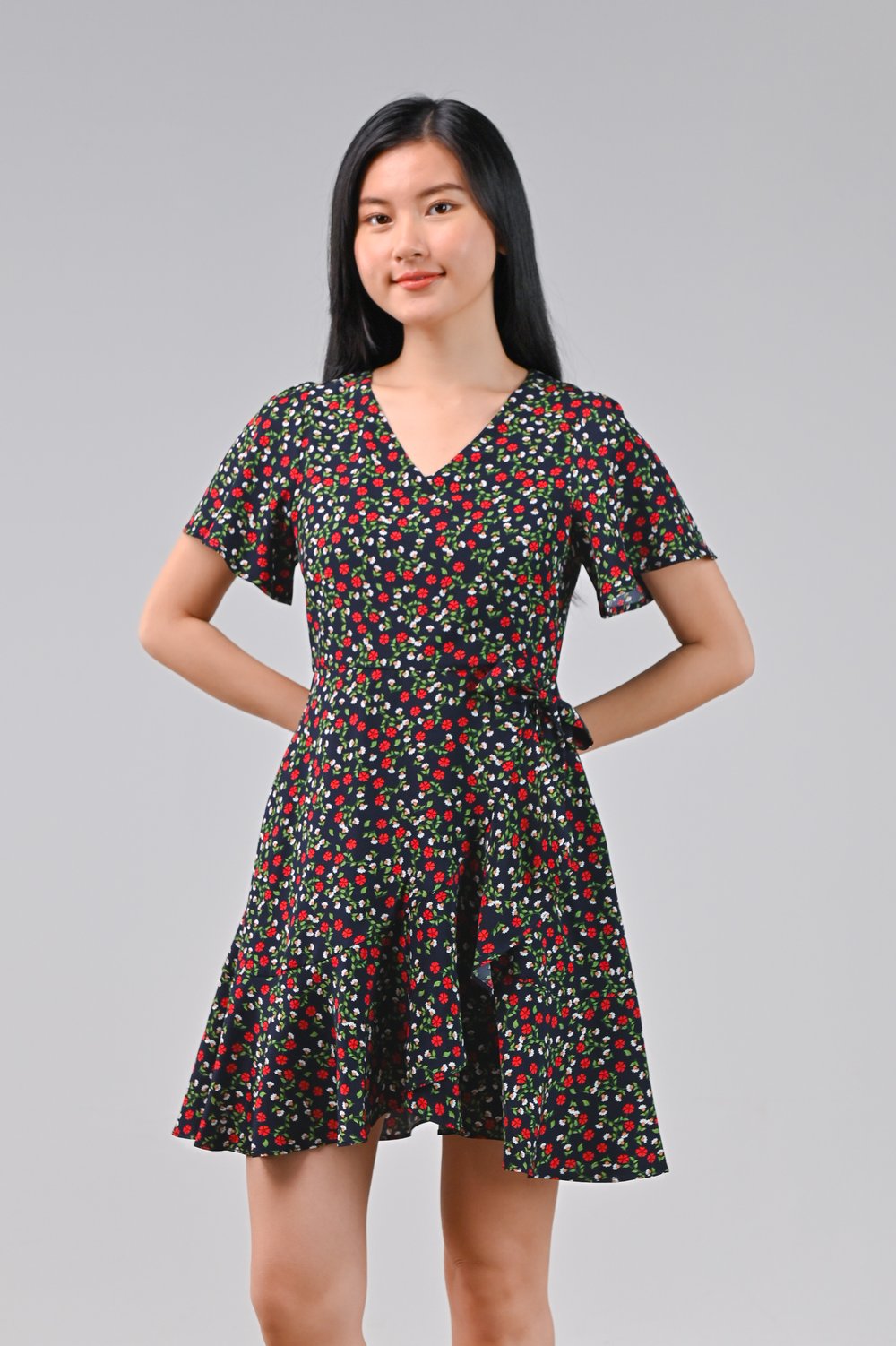 DALLIE FLORAL RUFFLE DRESS-ROMPER IN NAVY