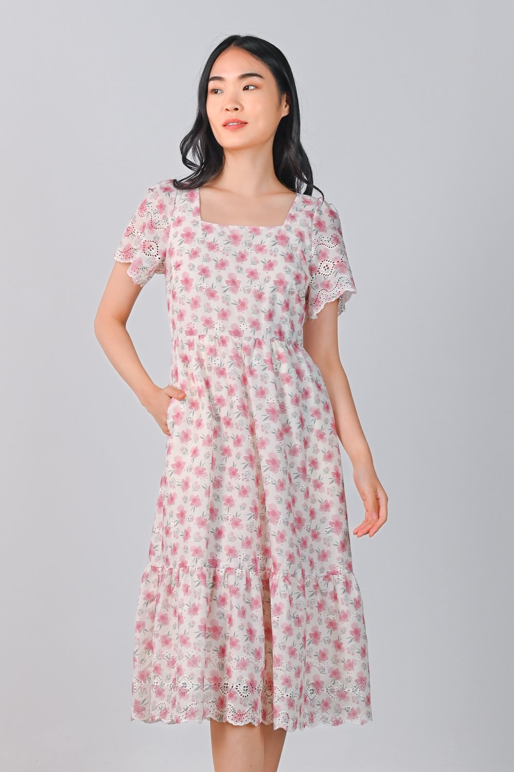 NYX PINK FLORAL EYELET SQUARE-NECK DRESS