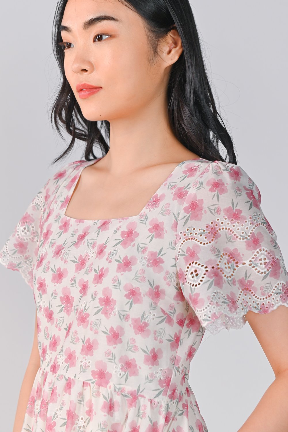 NYX PINK FLORAL EYELET SQUARE-NECK DRESS