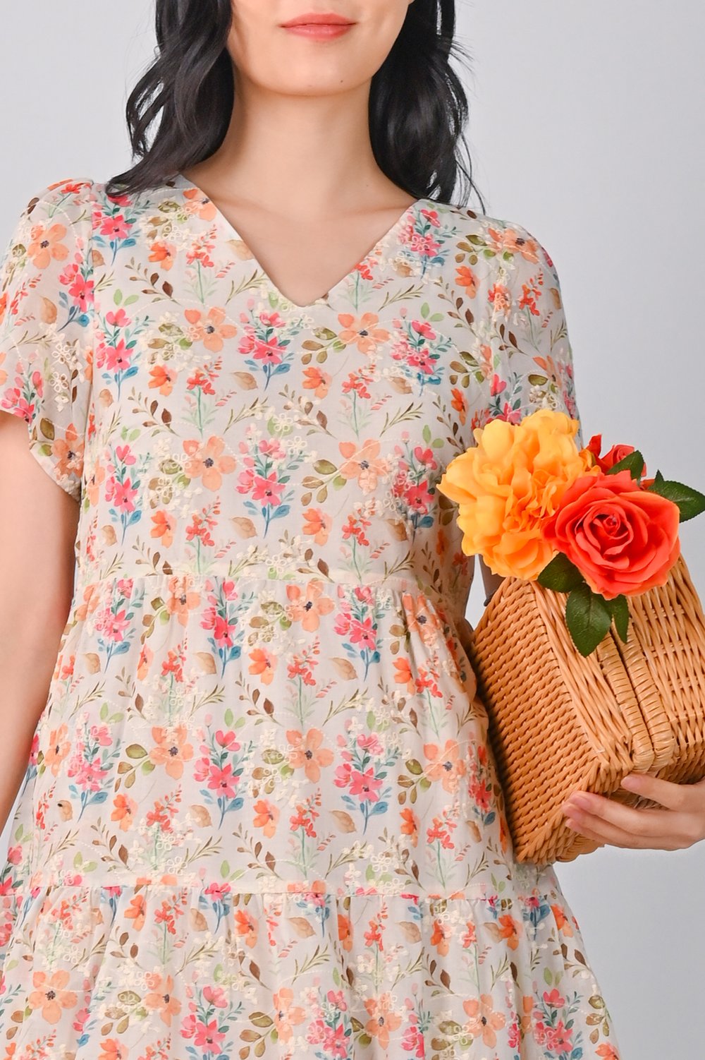 ELISA ORANGE FLORAL V-NECK BABYDOLL DRESS