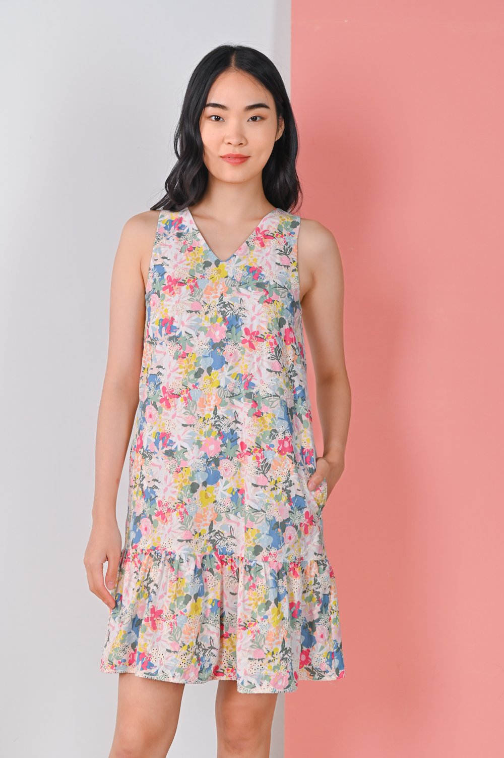 PIA FLORAL EYELET V-NECK DROPWAIST DRESS