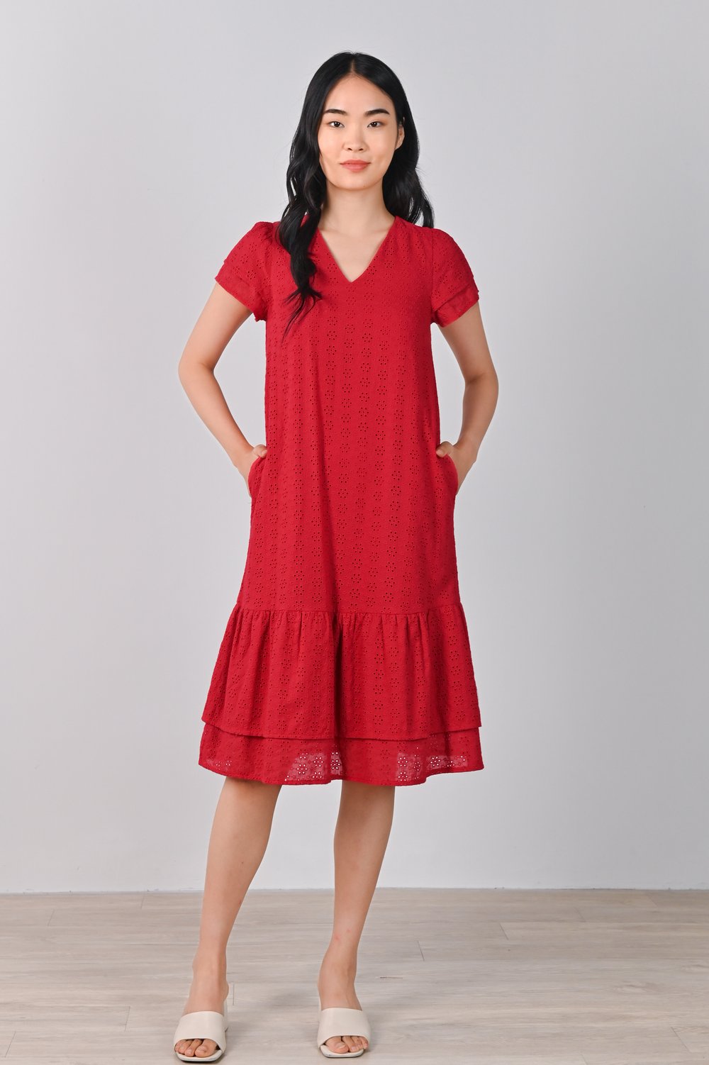 SYBIL EYELET SLEEVED MIDI DRESS IN RED