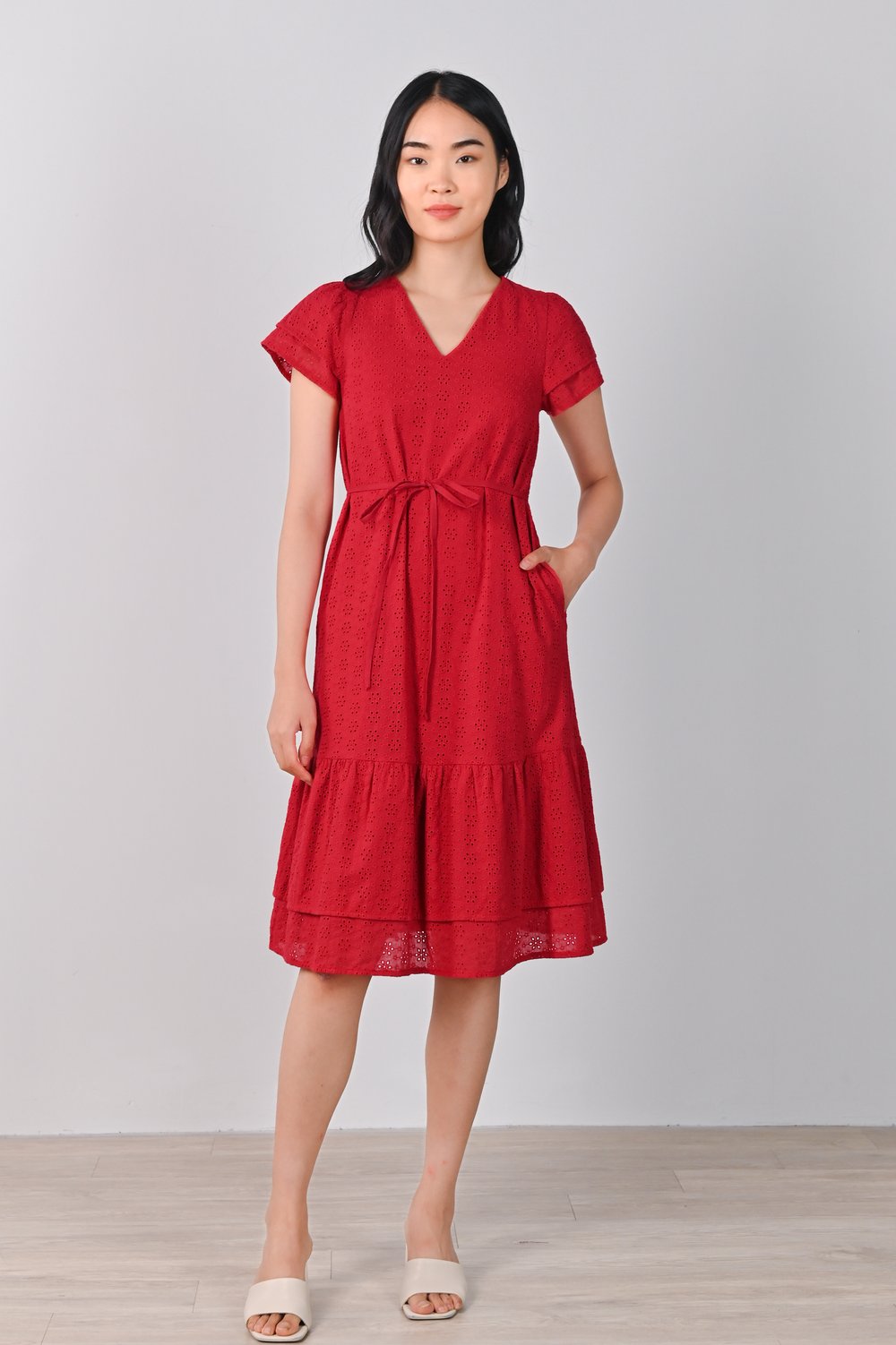 SYBIL EYELET SLEEVED MIDI DRESS IN RED
