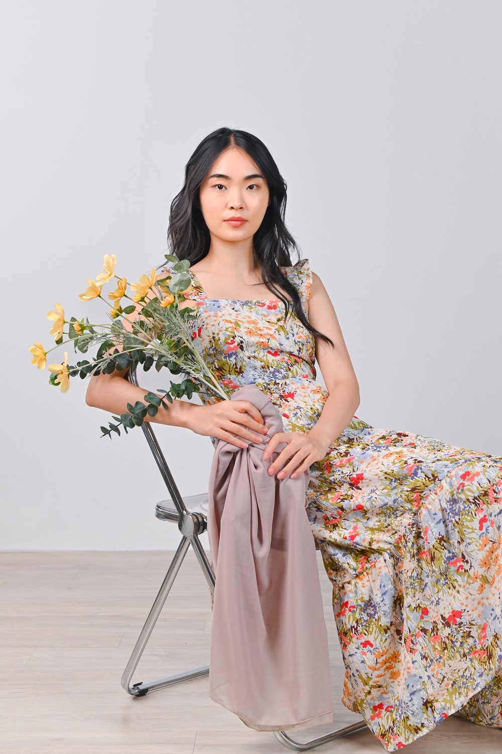 RYA FLORAL FRILL-STRAP TIERED DRESS IN CREAM