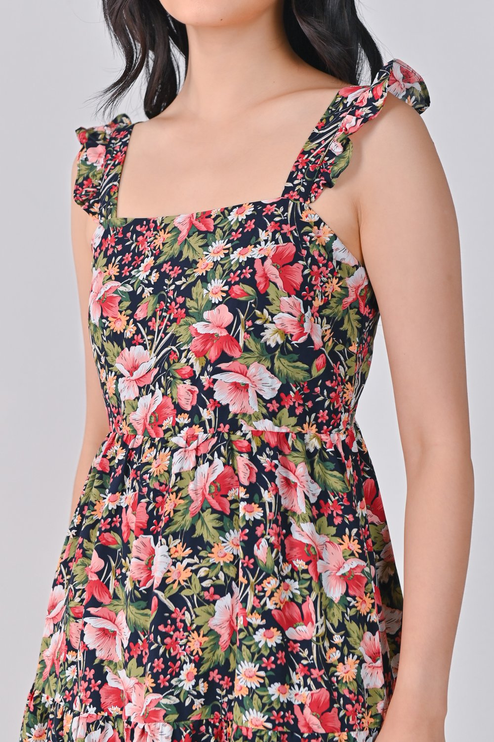 RYA FLORAL FRILL-STRAP TIERED DRESS IN NAVY