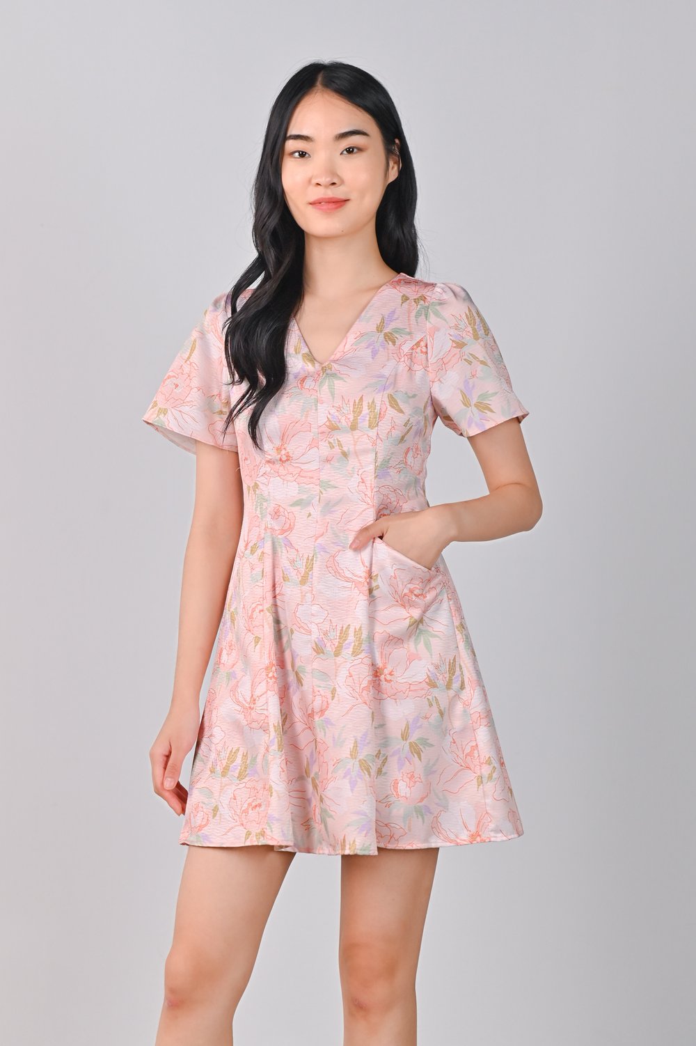 PINK BOTANICAL PANELLED DRESS-ROMPER