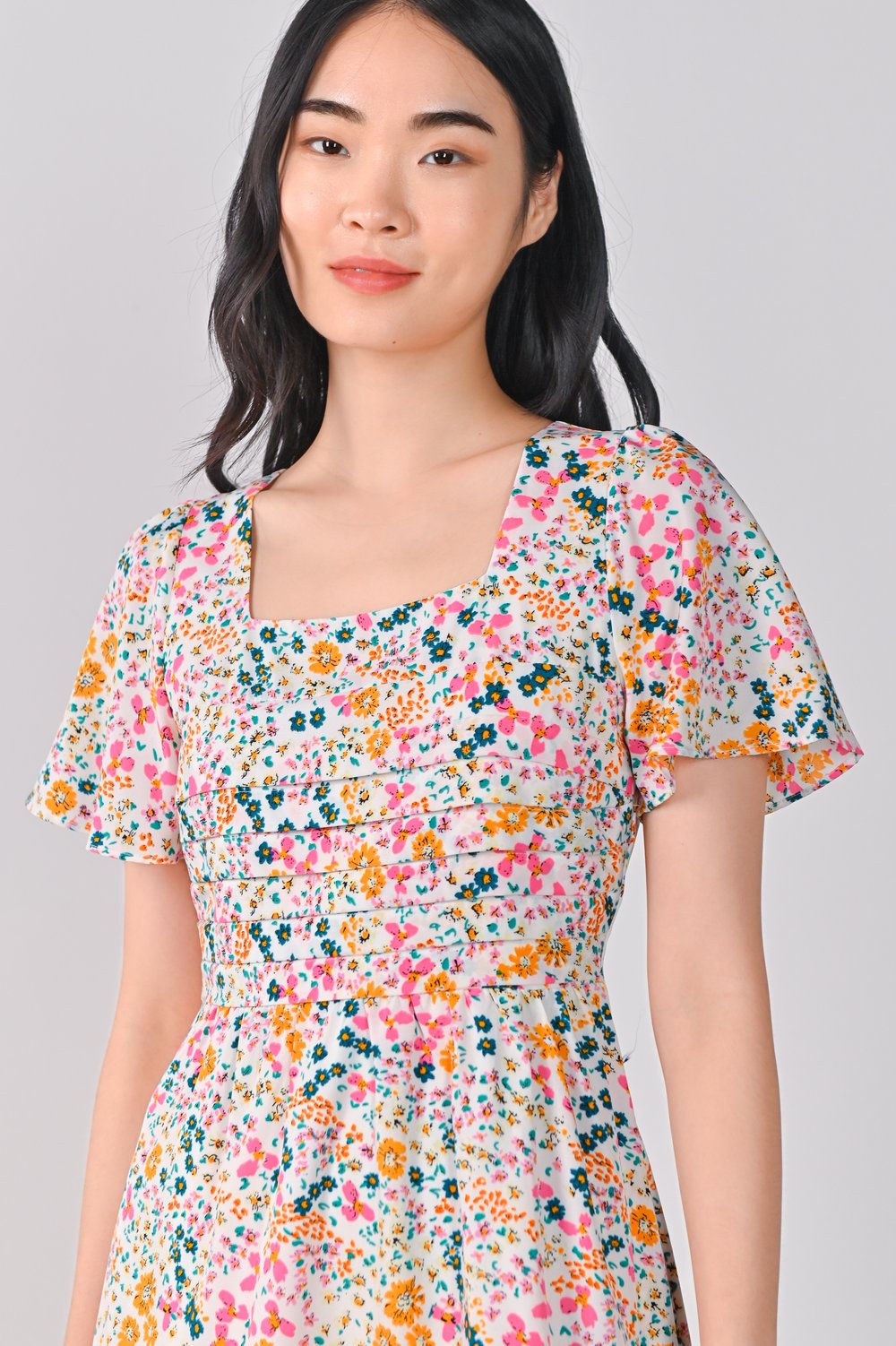 AUBREY VIBRANT FLORAL PLEAT-DETAIL DRESS
