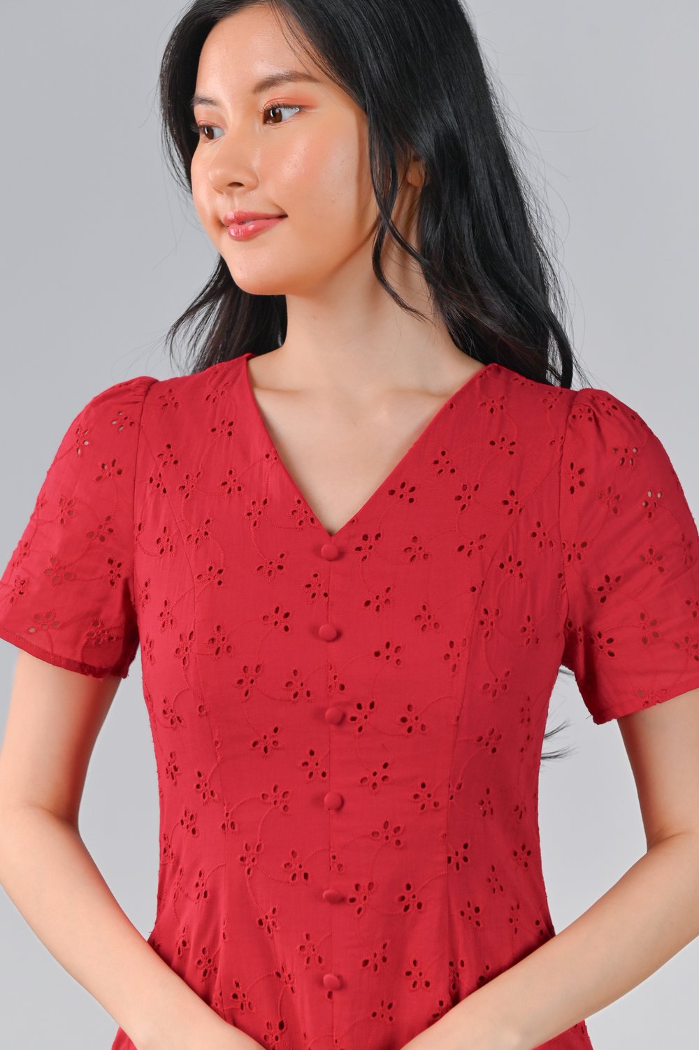 LUNARIA EYELET SLEEVED BUTTON DRESS IN RED
