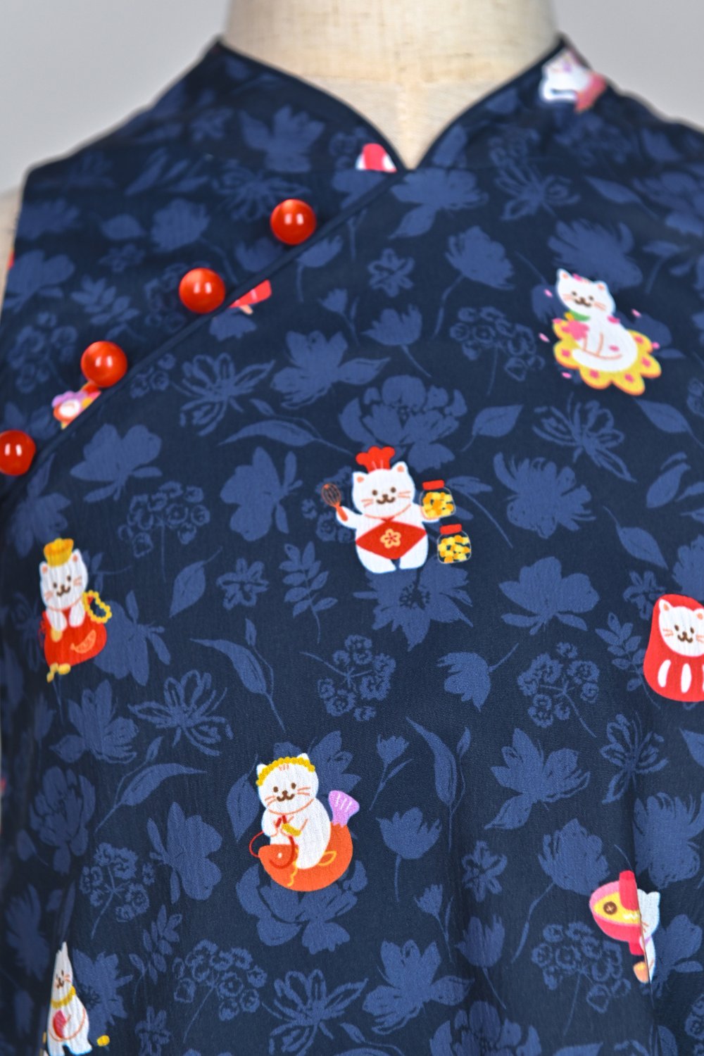 FORTUNE FLORAL CAT NAVY KIDS’ CHEONGSAM DRESS