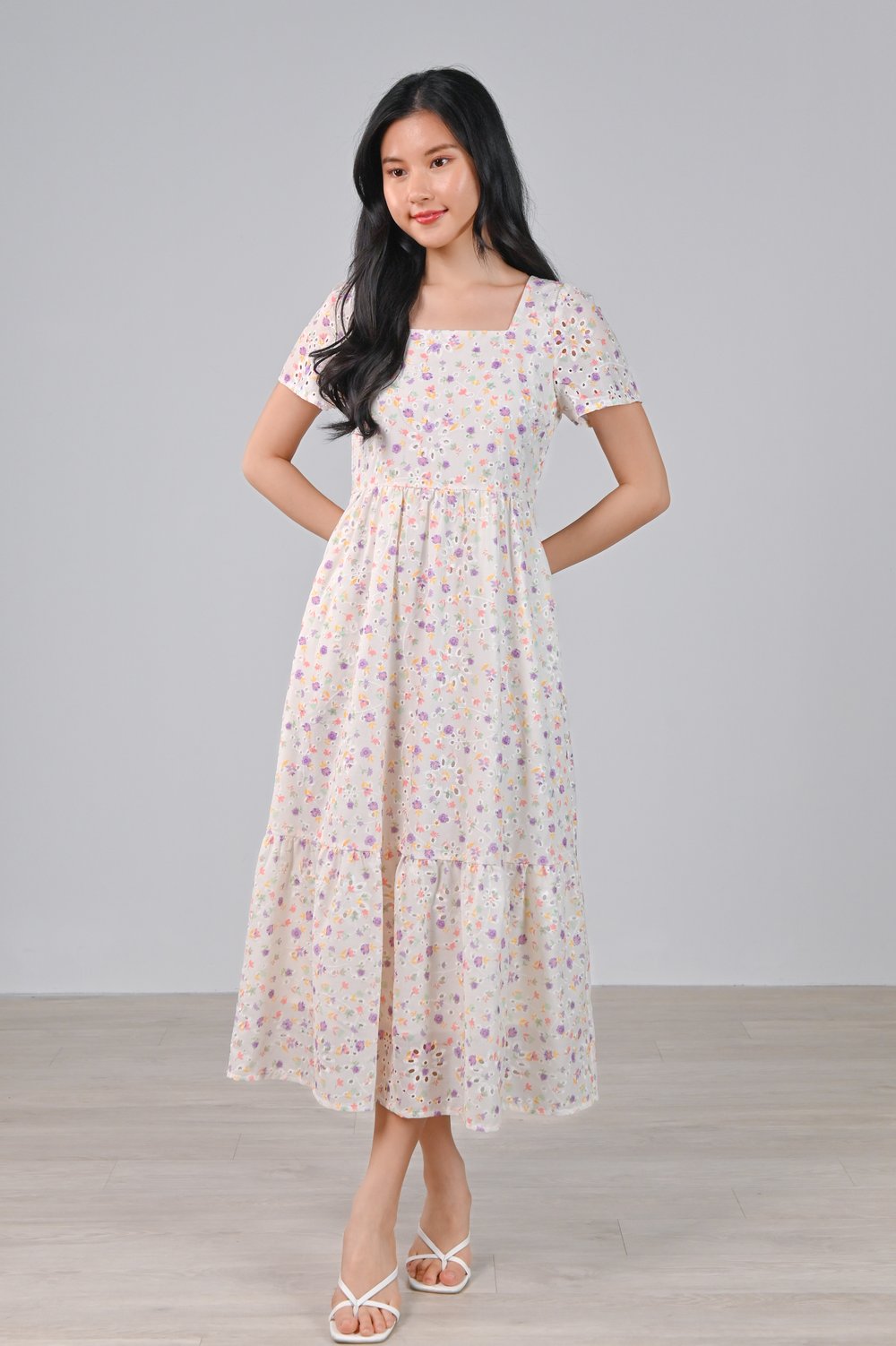 GUNNOR EYELET FLORAL SQUARE-NECK MIDAXI DRESS