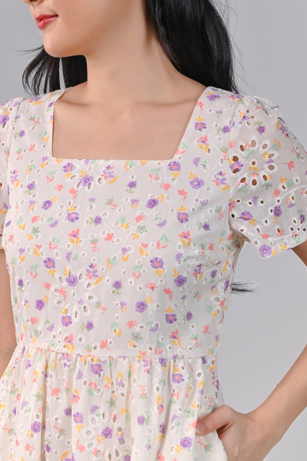 GUNNOR EYELET FLORAL SQUARE-NECK MIDAXI DRESS