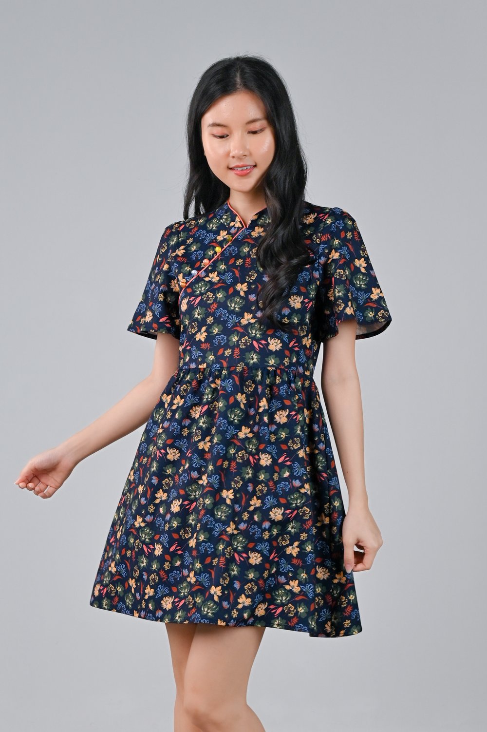NAVY CRAYON FLORALS CHEONGSAM DRESS-ROMPER