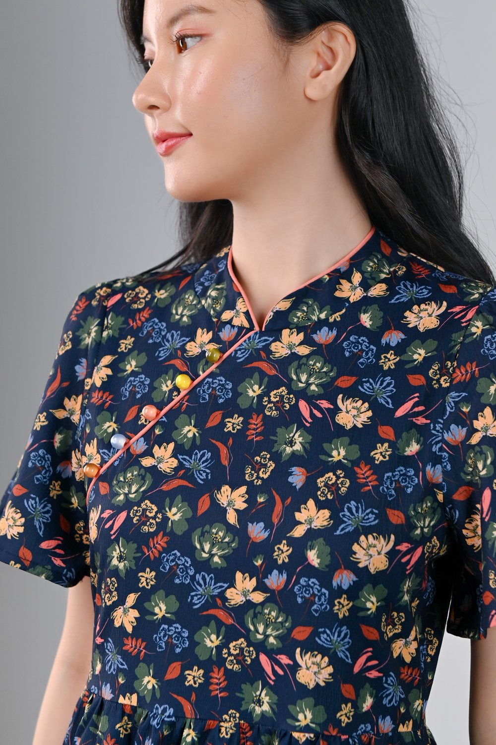 NAVY CRAYON FLORALS CHEONGSAM DRESS-ROMPER