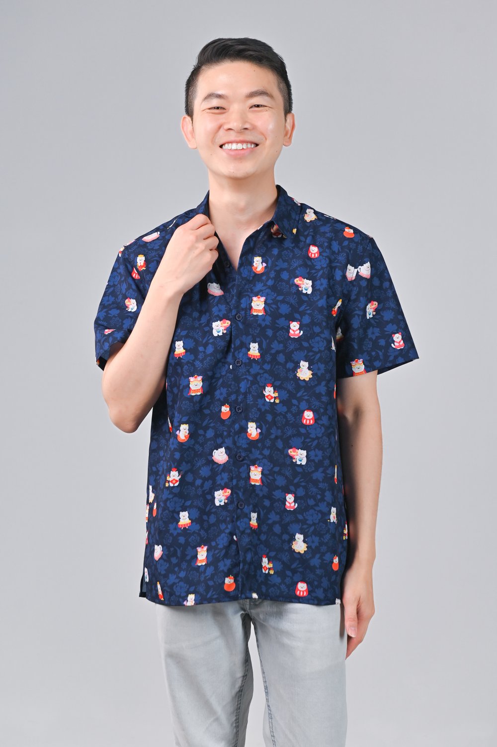 FORTUNE FLORAL CAT NAVY MEN'S SHIRT