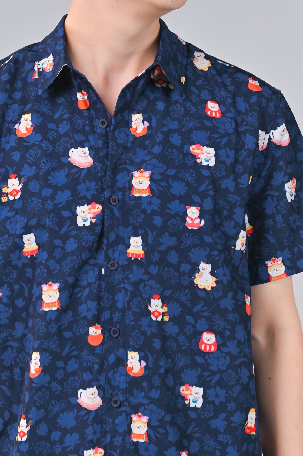 FORTUNE FLORAL CAT NAVY MEN'S SHIRT