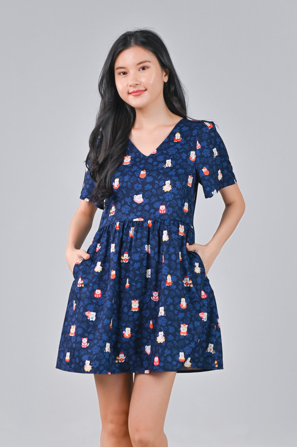 FORTUNE FLORAL CAT NAVY V-NECK DRESS-ROMPER